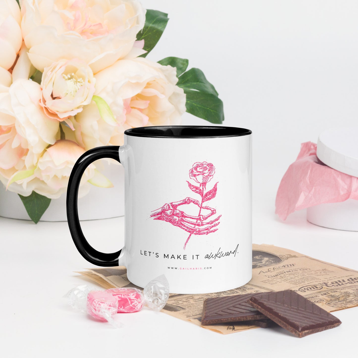 Let's Make It Awkward Skeleton Rose Gail Haris Mug with Color Inside