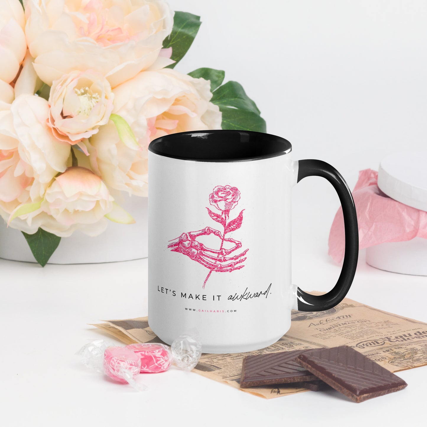 Let's Make It Awkward Skeleton Rose Gail Haris Mug with Color Inside