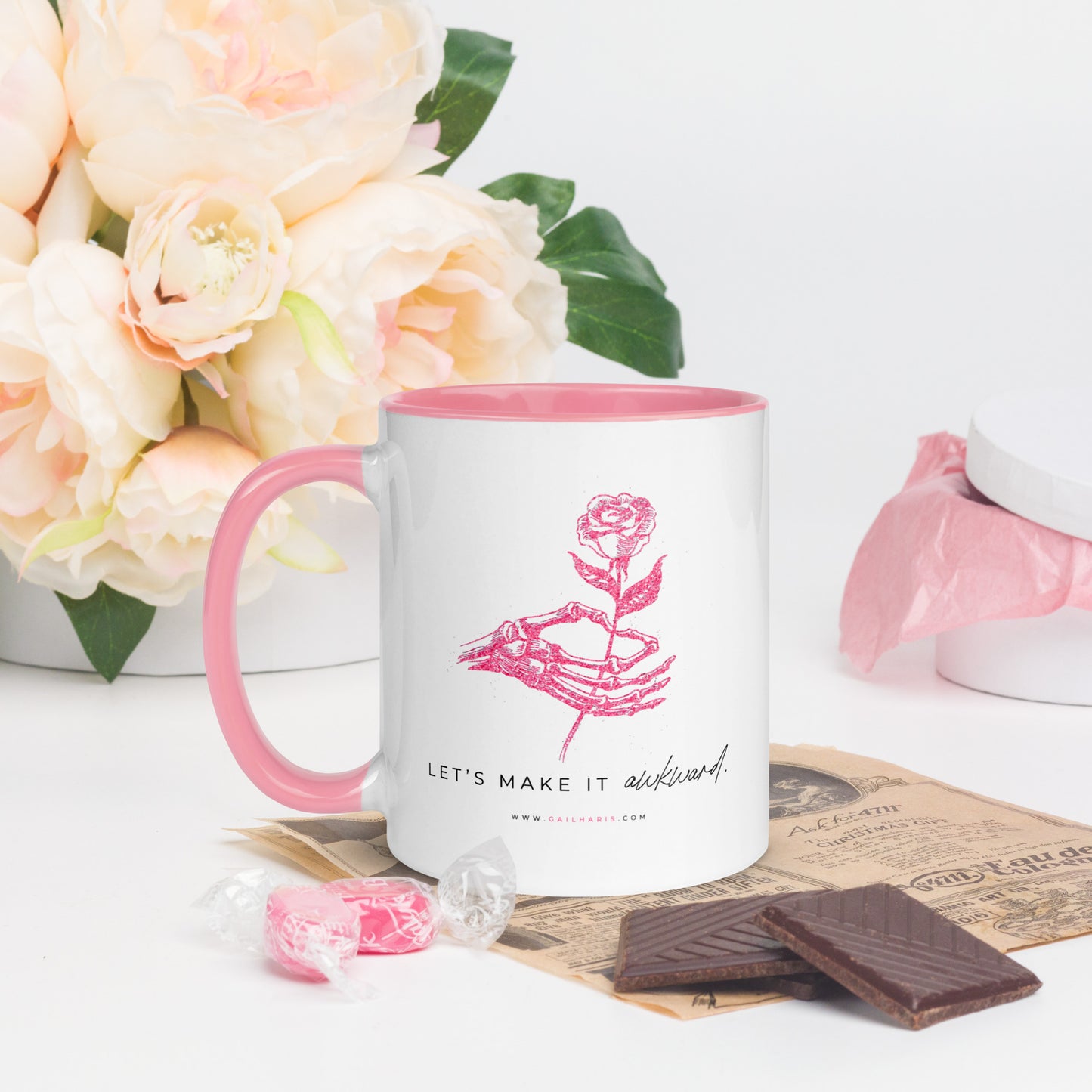Let's Make It Awkward Skeleton Rose Gail Haris Mug with Color Inside