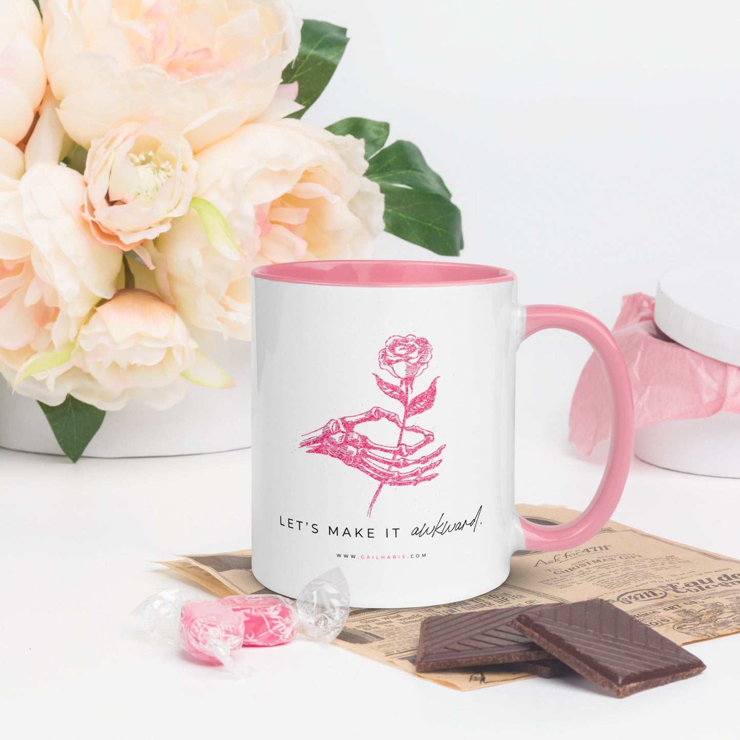 Let's Make It Awkward Skeleton Rose Gail Haris Mug with Color Inside