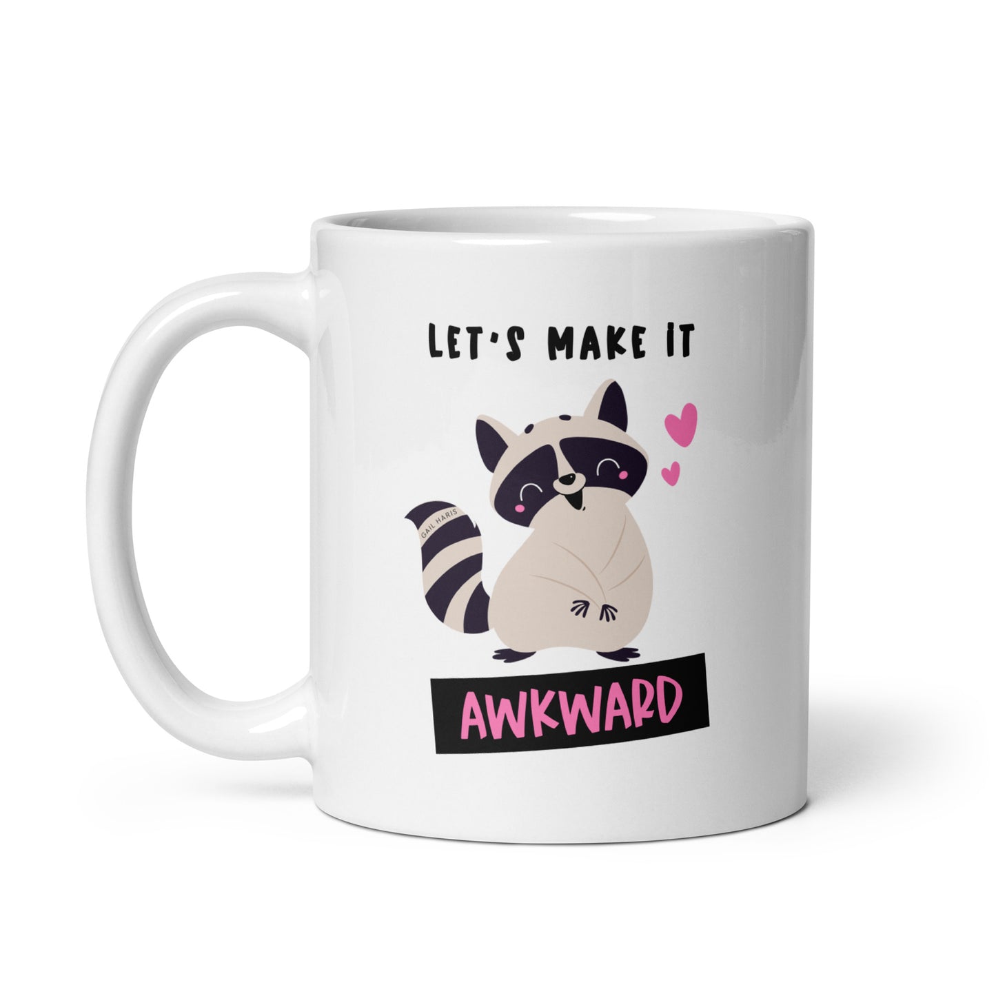 Raccoon Awkward Gail Haris White glossy mug